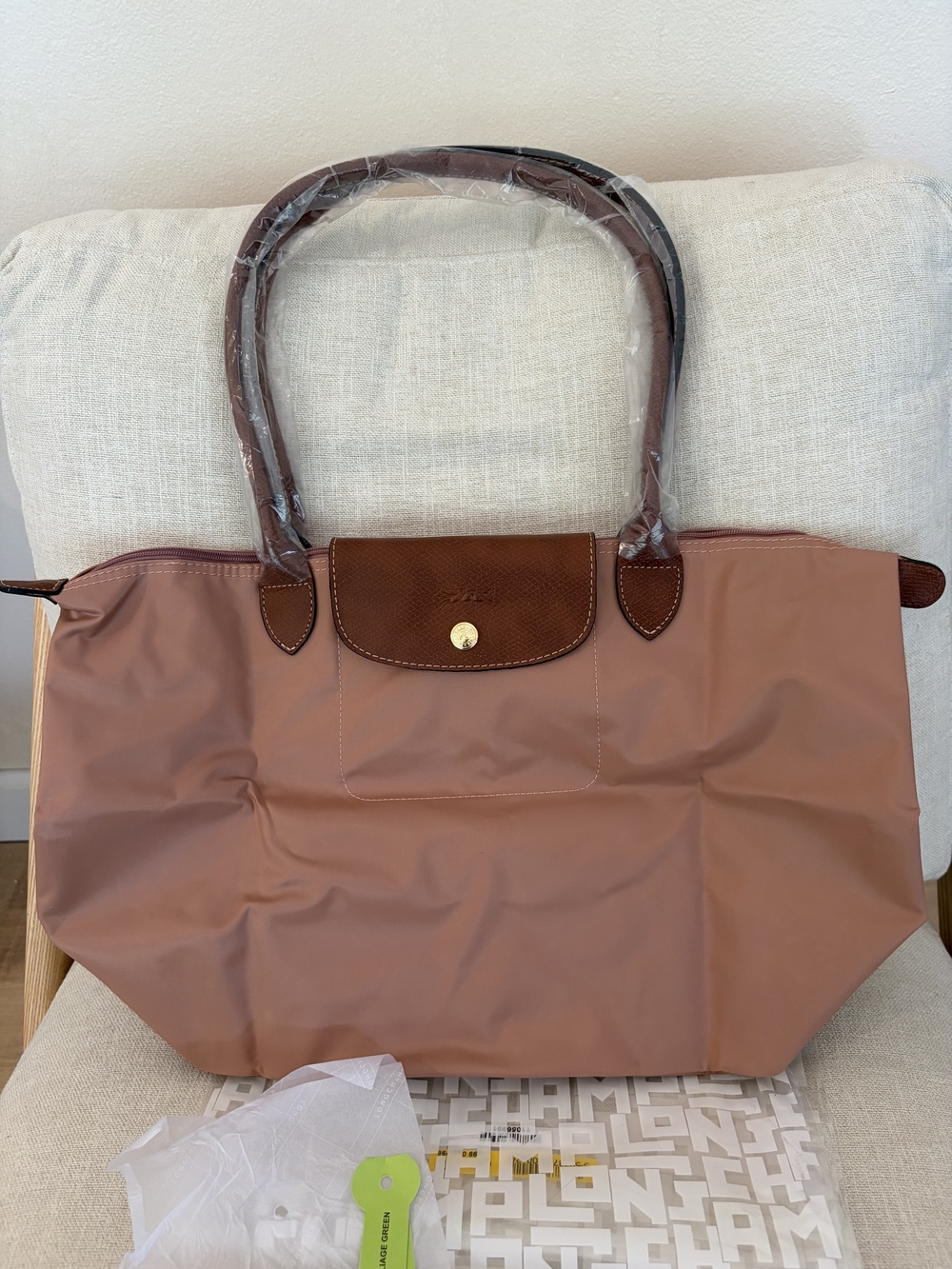 Longchamp Le Pliage Nylon Tote Bag Large Tea Pink with Brown Trim